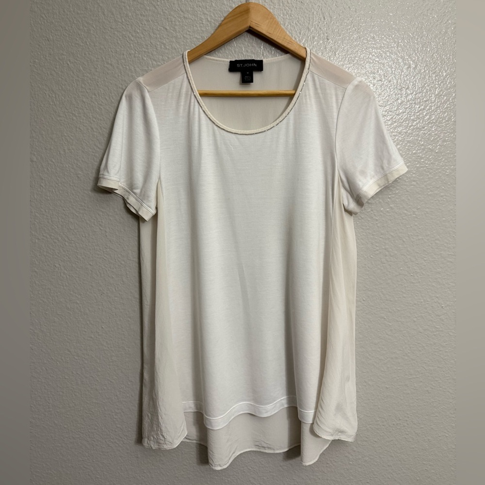 St. John Jersey Knit Silk Contrast Embellished Shirt